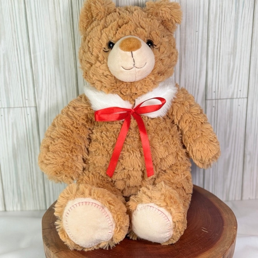 Mary Meyer Brown Teddy Bear Plush Shaggy Fur White Collar Red Bow Stuffed Animal
